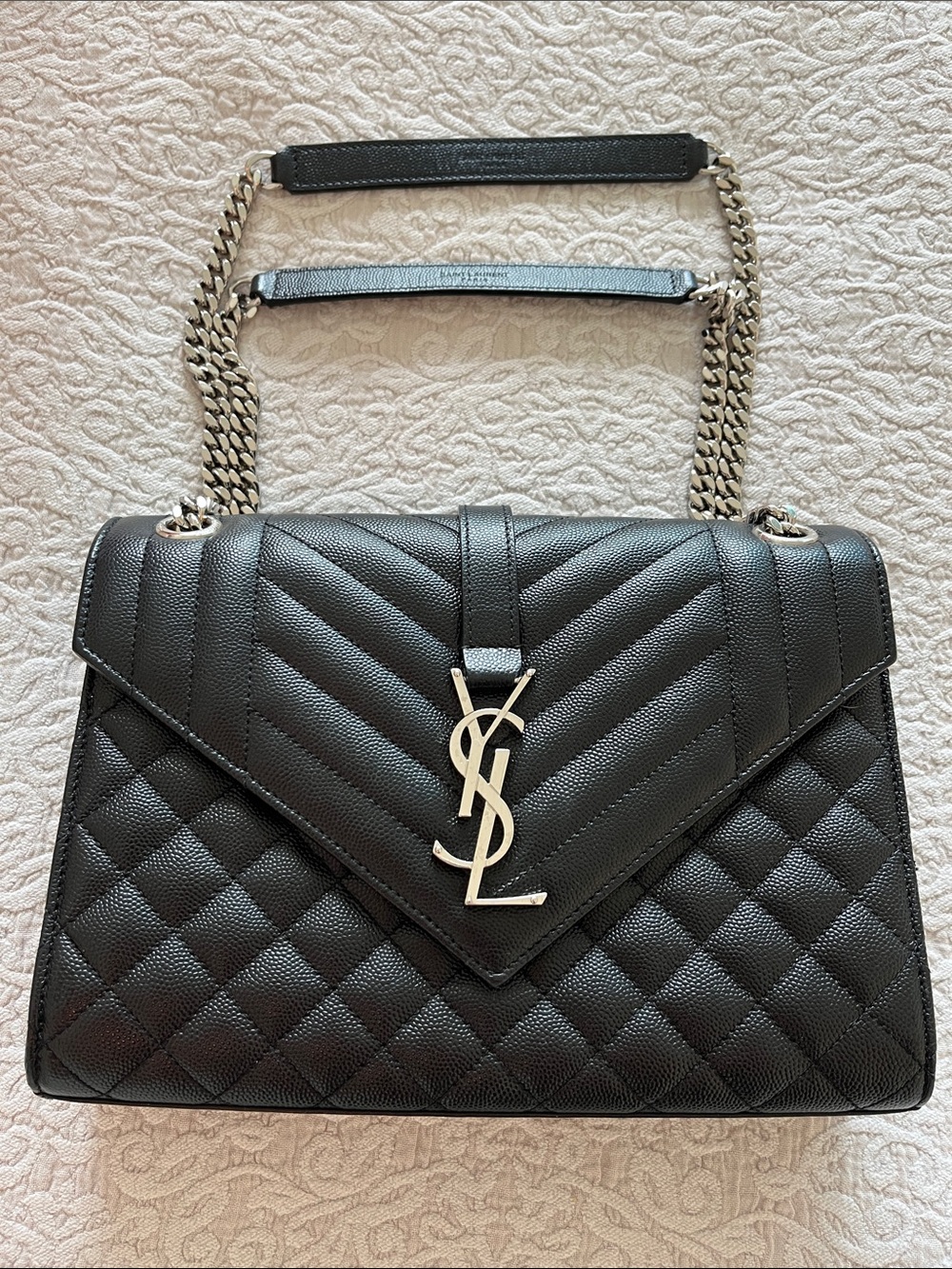 Saint Laurent Medium Envelope Chain Bag - Black Grain Leather Silver Hardware